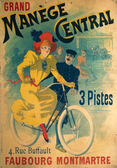Grand Manège Central, affiche publicitaire pour piste cyclable représentant une femme à vélo - Lucien Baylac