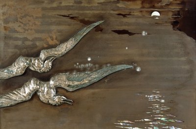 Un Panneau de Laque Métallique avec des Mouettes en Argent Appliquées - Lucien Gaillard