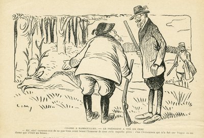 Illustration dans Le Rire, 05/12/08 - Chasse à Rambouillet - Nature Végétation, Chasse chasseur, Président de la République, Rambouillet - Clemenceau Georges, Fallières Armand (1841-1931), Cerf - Lucien Metivet