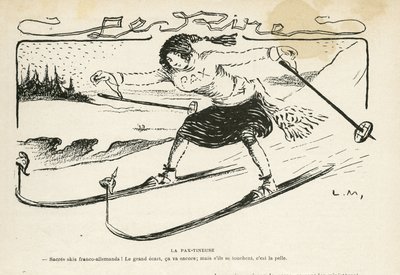 Illustration dans Le Rire, 24/02/12 - La pax-tineuse - Allemagne Prusse, Sport, Paix, Ski, Neige, Relations franco-allemandes, Première Guerre mondiale - Marianne - Sport, Allégorie (gravure) - Lucien Metivet