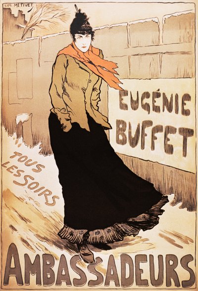 Affiche vintage de la chanteuse française Eugénie Buffet marchant dans la neige - Lucien Metivet