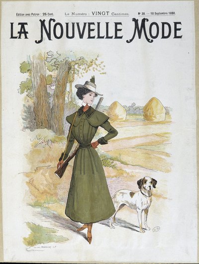 Femme en tenue de chasse portant un fusil - dans "La Nouvelle Mode" de septembre 1898 - Lucien Metivet