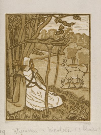 Filles assises sous un arbre avec un cerf, gravure sur bois de Lucien Pissarro - Lucien Pissarro
