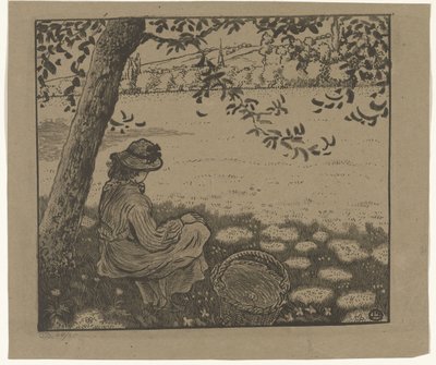 Fille sous un arbre dans un pré - Lucien Pissarro
