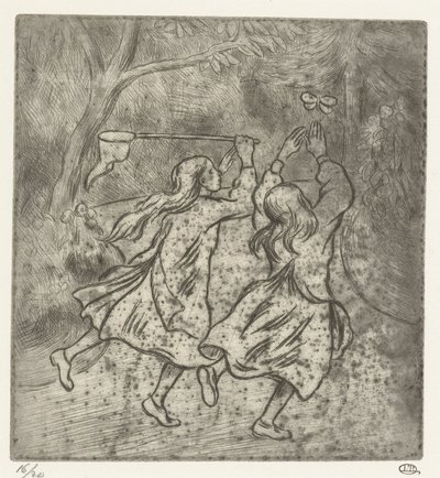 Deux filles attrapant des papillons - Lucien Pissarro