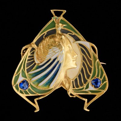 Broche-pendentif, vers 1900 (or et émail plique-à-jour avec saphirs) - Lucien or Léopold Gautrait
