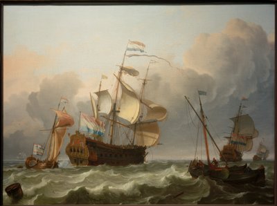Un navire amiral néerlandais avec un yacht à son arrière - Ludolf Backhuysen