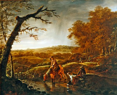Chasseurs au repos avec un cheval et des chiens près d