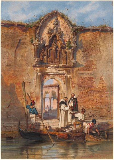 Moines Achetant du Poisson devant le Portail de la Madonna della Misericordia - Ludwig Johann Passini