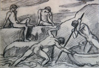Nudiste et jeunes sur une rive verte - Ludwig von Hofmann