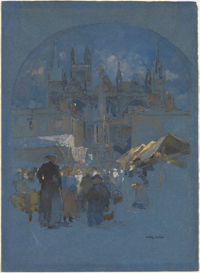 Une place de marché devant une cathédrale - Luigi Aloys François Joseph Loir
