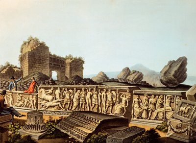 Turquie, Éphèse, Visiteurs européens regardant des reliefs en marbre, par Luigi Mayer, Gravure - Luigi Mayer