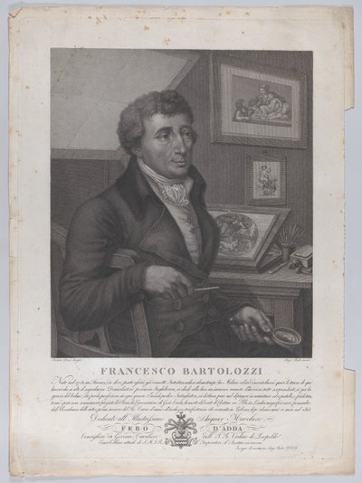 Portrait de Francesco Bartolozzi, assis, tenant une loupe avec un outil de gravure, 1827 - Luigi Rados