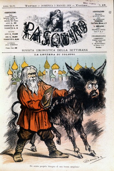 Caricature sur Tolstoï par Luigi Sapelli Caramba concernant la lettre envoyée par Tolstoï au Saint-Siège. Couverture du Pasquino du 5 mai 1901 - Luigi Sapelli Caramba