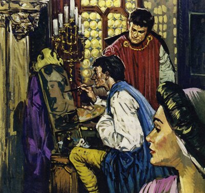 Le comte John devient le mécène de Van Eyck à La Haye (lithographie couleur) - Luis Arcas Brauner