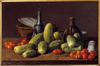 Nature morte : concombres, tomates et récipients - Luis Egidio Menendez or Melendez