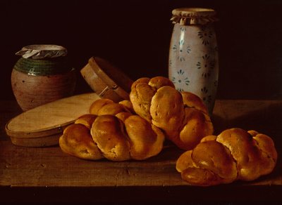 Bodegón avec pain, deux boîtes à douceurs, un pot de miel et un pot en céramique - Luis Menendez or Melendez