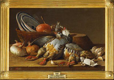 Nature morte avec deux perdrix, oignons et ustensiles de cuisine ... (peinture sur toile) - Luis Menendez or Melendez