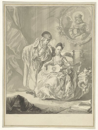 Guitariste assise et homme fumant debout dans un intérieur - Luis Paret y Alcazar