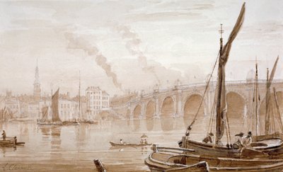 Vue du pont de Blackfriars depuis la rive du Surrey, avec des bateaux au premier plan, Londres, vers 1825 - Luke Clennell