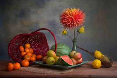 Fruits en abondance et dahlias - Lydia Jacobs