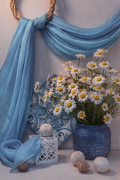 Nature morte aux marguerites bleues fraîches - Lydia Jacobs