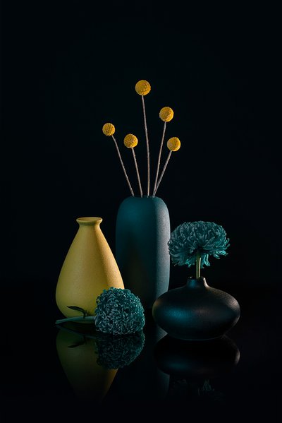 Nature morte aux tons jaunes et bleu sarcelle - Lydia Jacobs