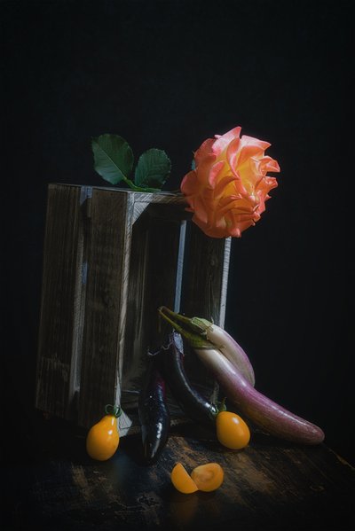 Nature morte aux roses et aux fruits et légumes - Lydia Jacobs