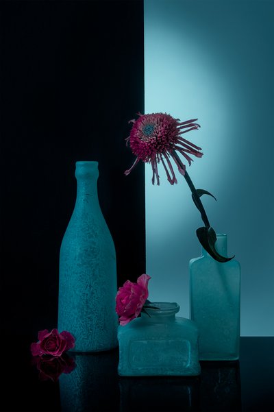 Bouteilles bleu sarcelle ornées de fleurs - Lydia Jacobs