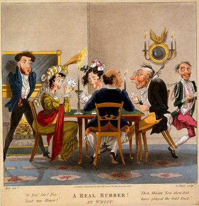 Un vrai caoutchouc ! Au whist, gravure réalisée par George Hunt, 1827 - M. Egerton