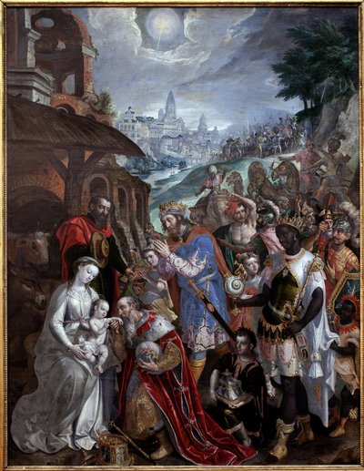 Adoration des Mages. Au-dessus de la Sainte Famille et des Mages, l