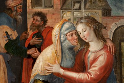 Adoration des Mages, Triptyque, Panneau gauche : Vie de la Sainte Vierge (détail) - Maarten de Vos
