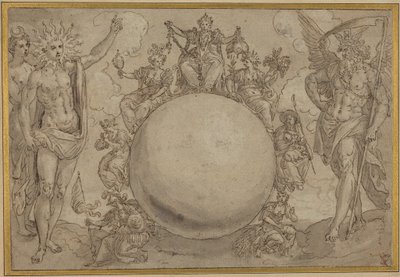Apollon, Diane et le temps avec les vicissitudes cycliques de la vie humaine, vers 1561 (plume et encre brune avec lavis gris sur traces de graphite, incisé pour transfert sur papier vergé) - Maarten de Vos