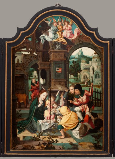 Triptyque. Maarten de Vos. XVIe siècle. Huile sur bois. Retable ouvert panneau central. - Maarten de Vos