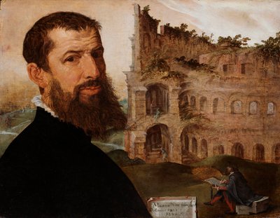 French : Autoportrait avec le Colisée Self-portrait with the Colosseum - Maarten van Heemskerck