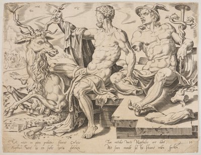 Naphtali avec un cerf et une statue brisée de Mercure, de la série Les Douze Patriarches, gravure de Dirk Volkertsz Coornhert - Maarten van Heemskerck