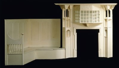 Un entourage de cheminée en bois peint et un coin de feu conçu pour Glencrutchery House, Douglas, vers 1897, c.1897 - Mackay Hugh Baillie Scott