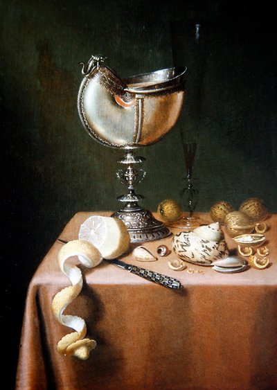 Nature morte avec une coupe de nautile, un citron pelé et des noix - Maerten Boelema de Stomme