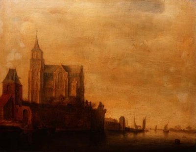 Groote Kerk avec vue sur la tour principale, Emmerich dans un paysage fluvial avec bateaux à voile - Maerten Fransz van der Hulst