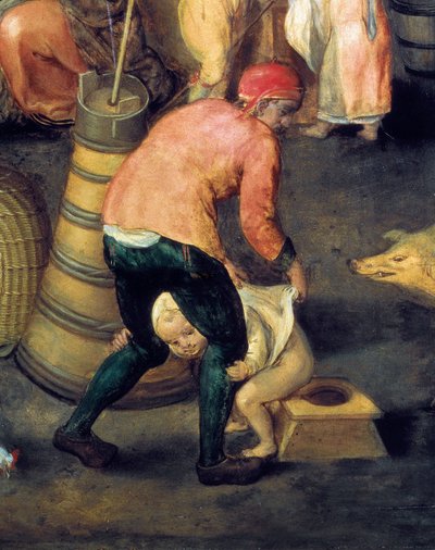 Intérieur de maison flamande. Un homme tient un petit garçon sur le pot - Maerten van Cleve
