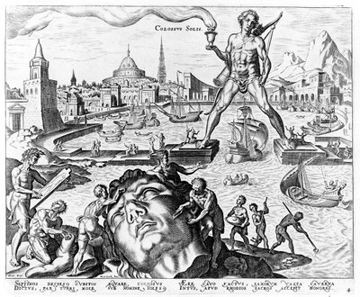 Le Colosse de Rhodes, planche 4 des Huit Merveilles du Monde, gravé par Philips Galle, 1572 - Maerten van Heemskerck