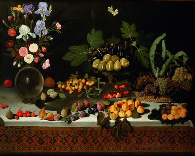 Fleurs et fruits sur une table, vers 1600 - Maestro di Hartford