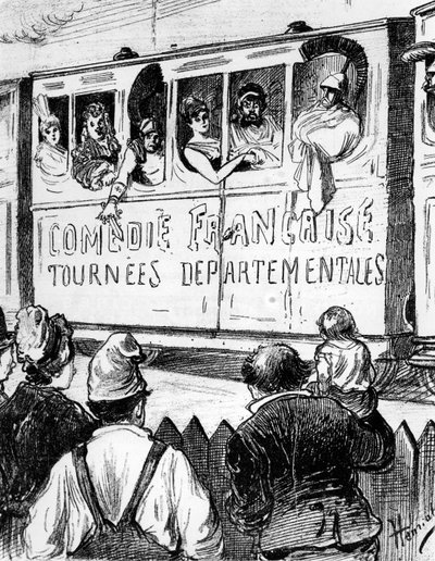 La troupe de la Comédie Française en tournée en France dans un train spécial, fait une halte pour donner aux villageois un aperçu du théâtre, 2e moitié du 19e siècle - Henri Maigrot