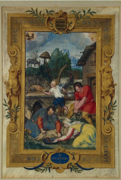 Page de calendrier pour décembre, abattage du cochon, d