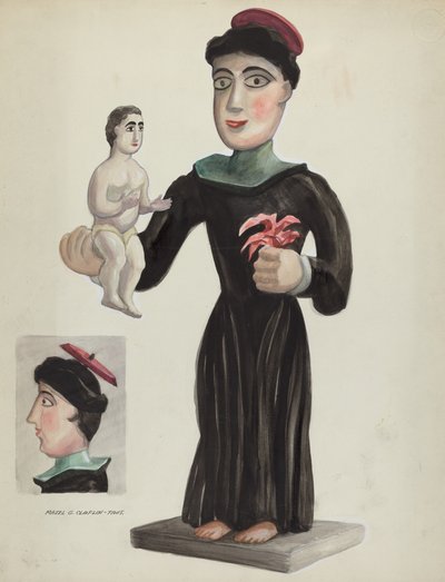 Santo en bois sculpté et peint (Saint Antoine) - Majel G. Claflin