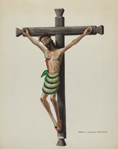 Cristo, Sculpté et Peint, sur une Croix en Bois Sculpté Noir, vers 1937 - Majel G. Claflin