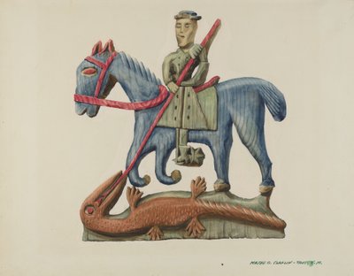Saint Georges et le Dragon, sculpté dans une section de planche - peint, vers 1938 - Majel G. Claflin
