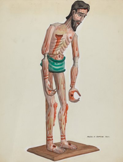 Christ en bois, vue de face peinte, vers 1937 - Majel G. Claflin
