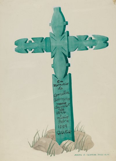 Croix en bois sculptée, utilisée comme pierre tombale, vers 1937 - Majel G. Claflin
