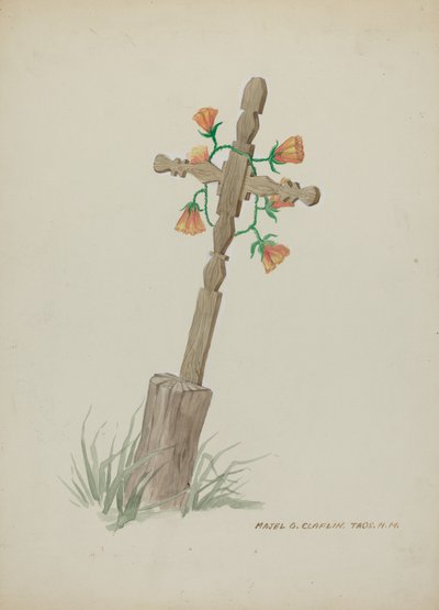 Croix en bois utilisée comme pierre tombale, vers 1937 - Majel G. Claflin